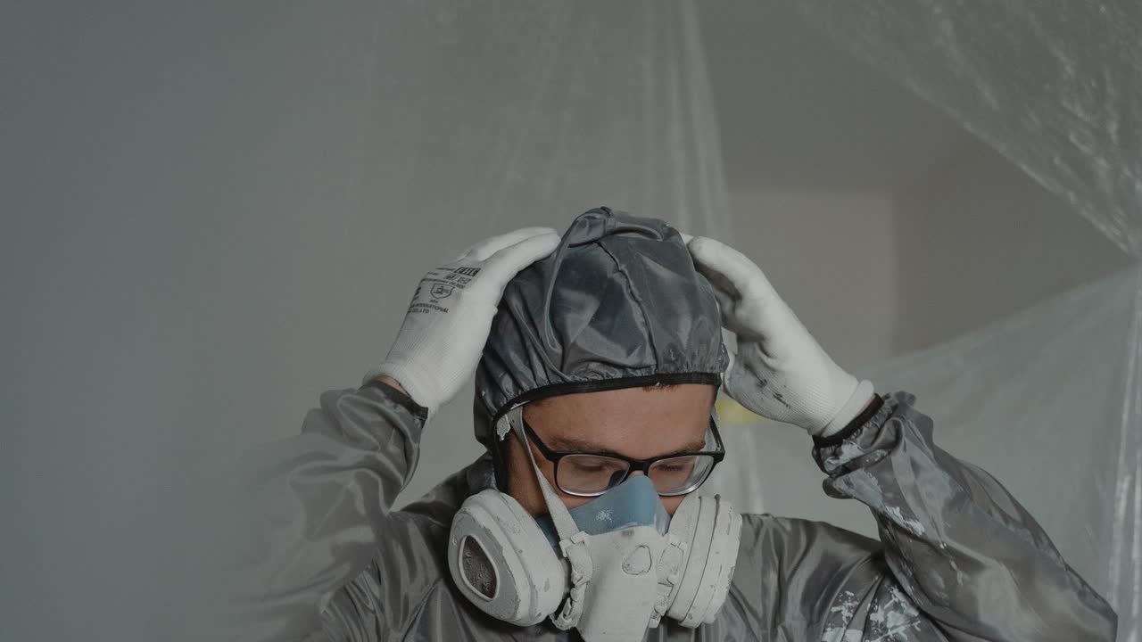 Operatore con respiratore e tuta protettiva